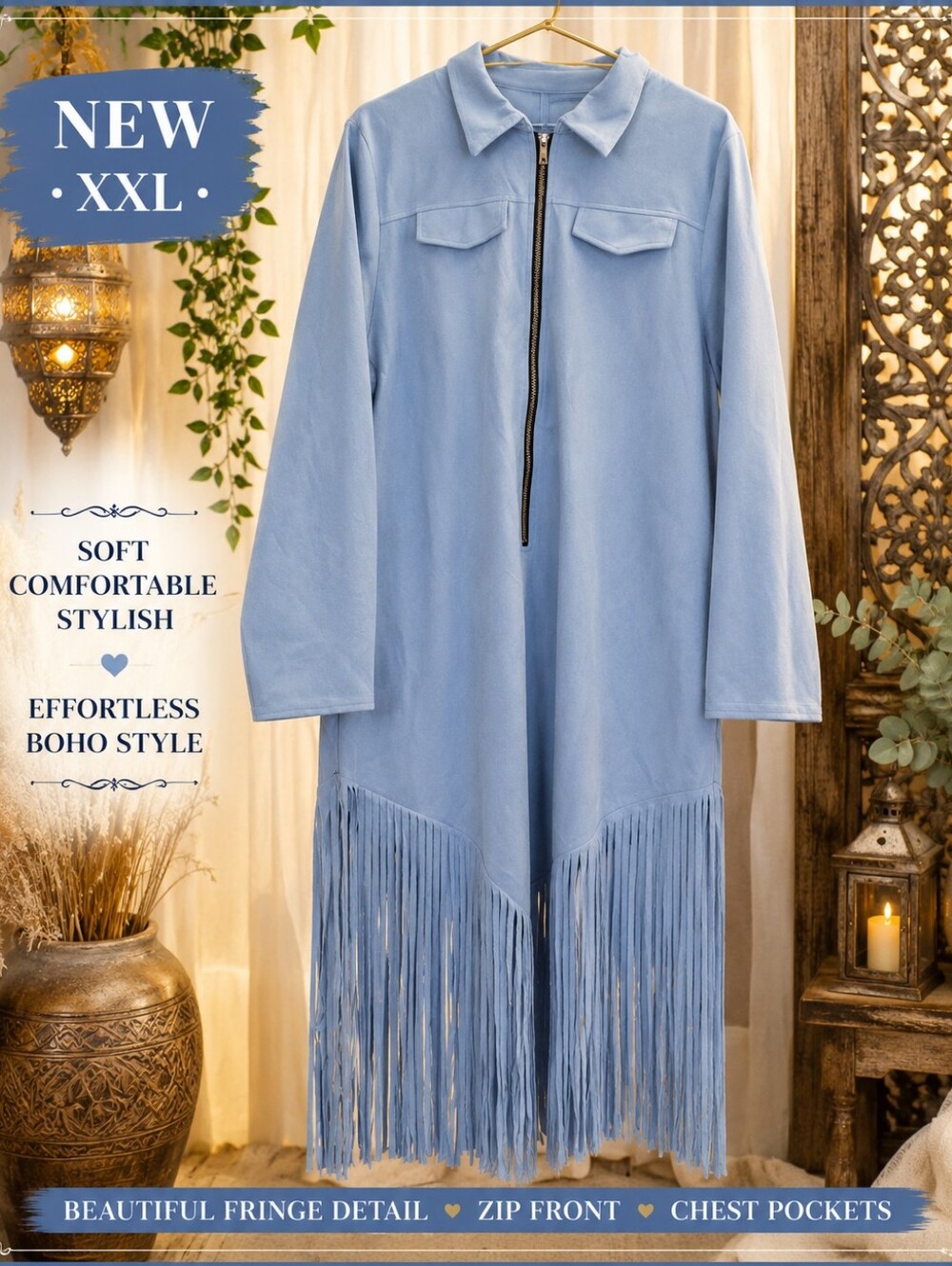 Light Blue Fringe Zip-Front Dress